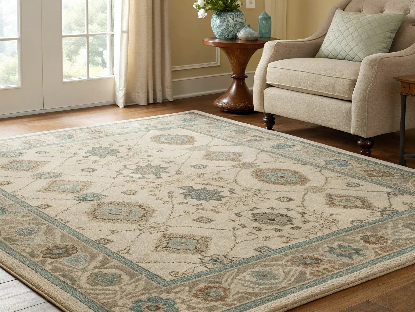 Washable 8x10 rug on hardwood floor.