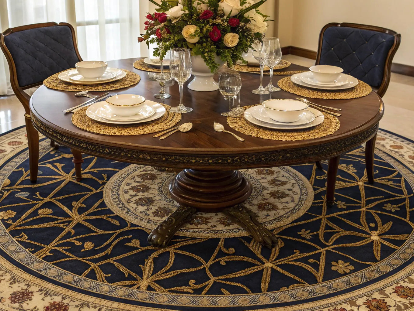 Round dining room rug under table with centerpiece.