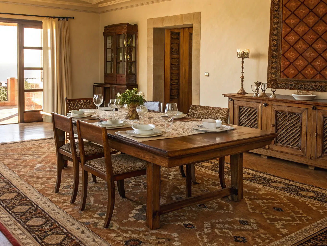 Dining room table and chairs on patterned rug.