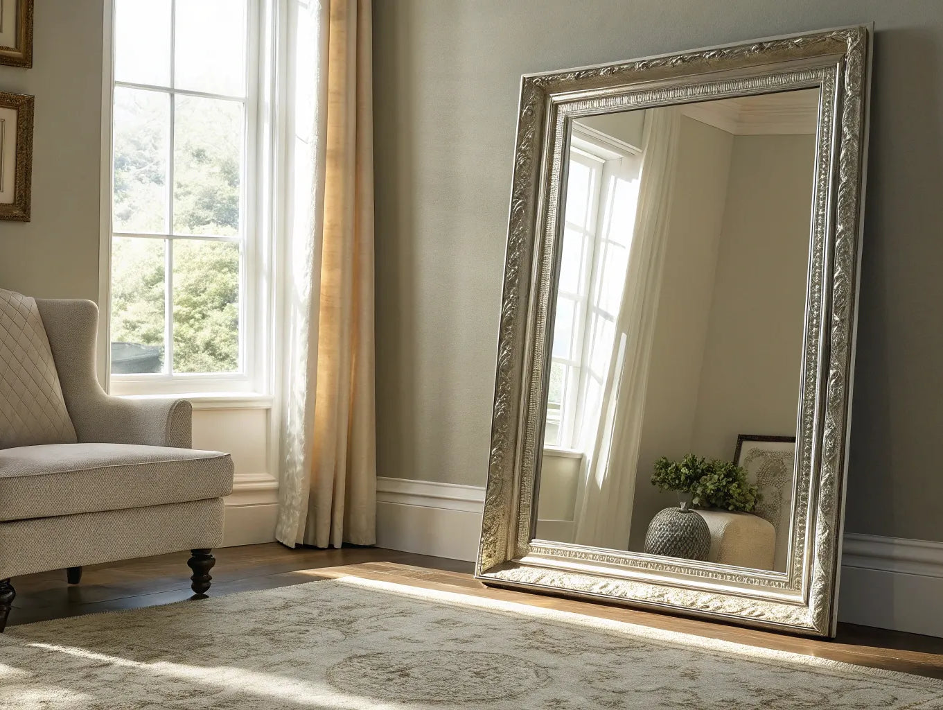 Stylish floor mirror leaning against living room wall.