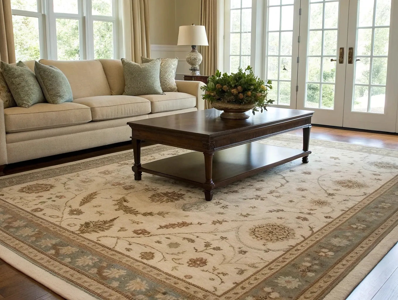 A living room area rug showing how big a rug should be in relation to the sofa and armchairs.