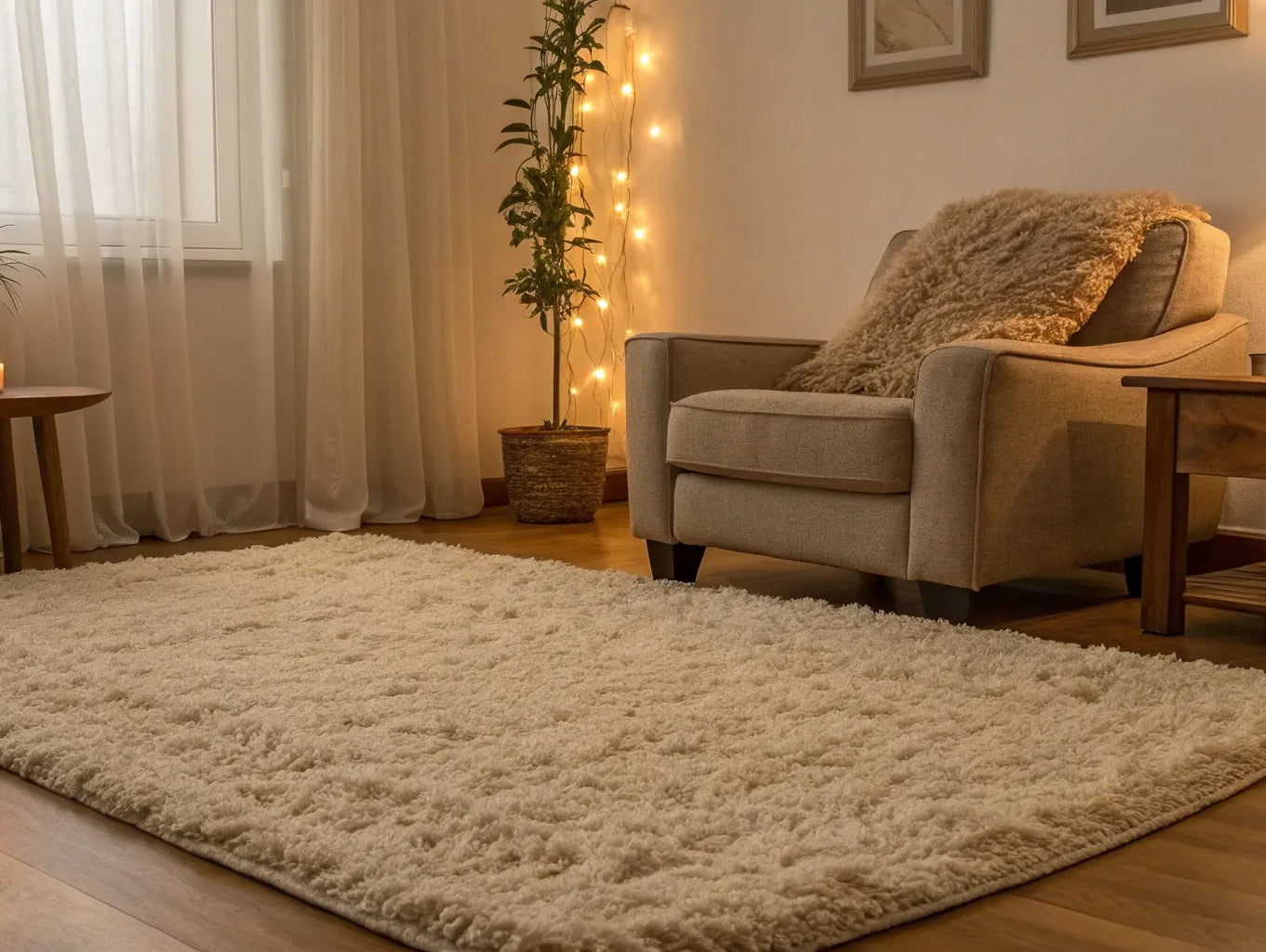 Cream shag area rug on a wood floor.