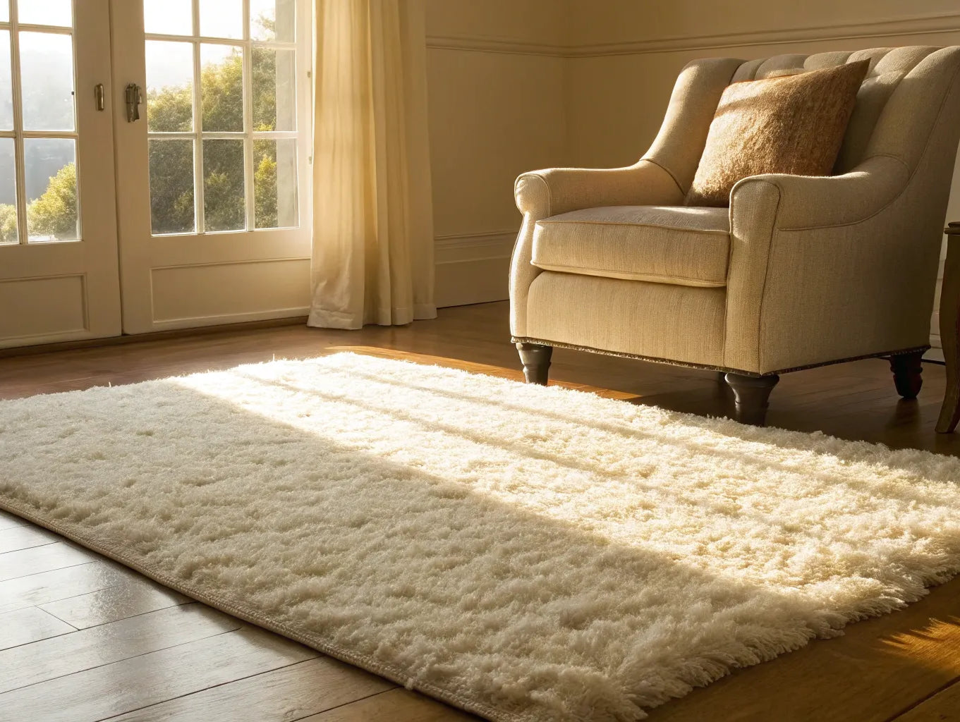 An 8x10 shag rug anchoring a cozy living room seating area with an armchair.