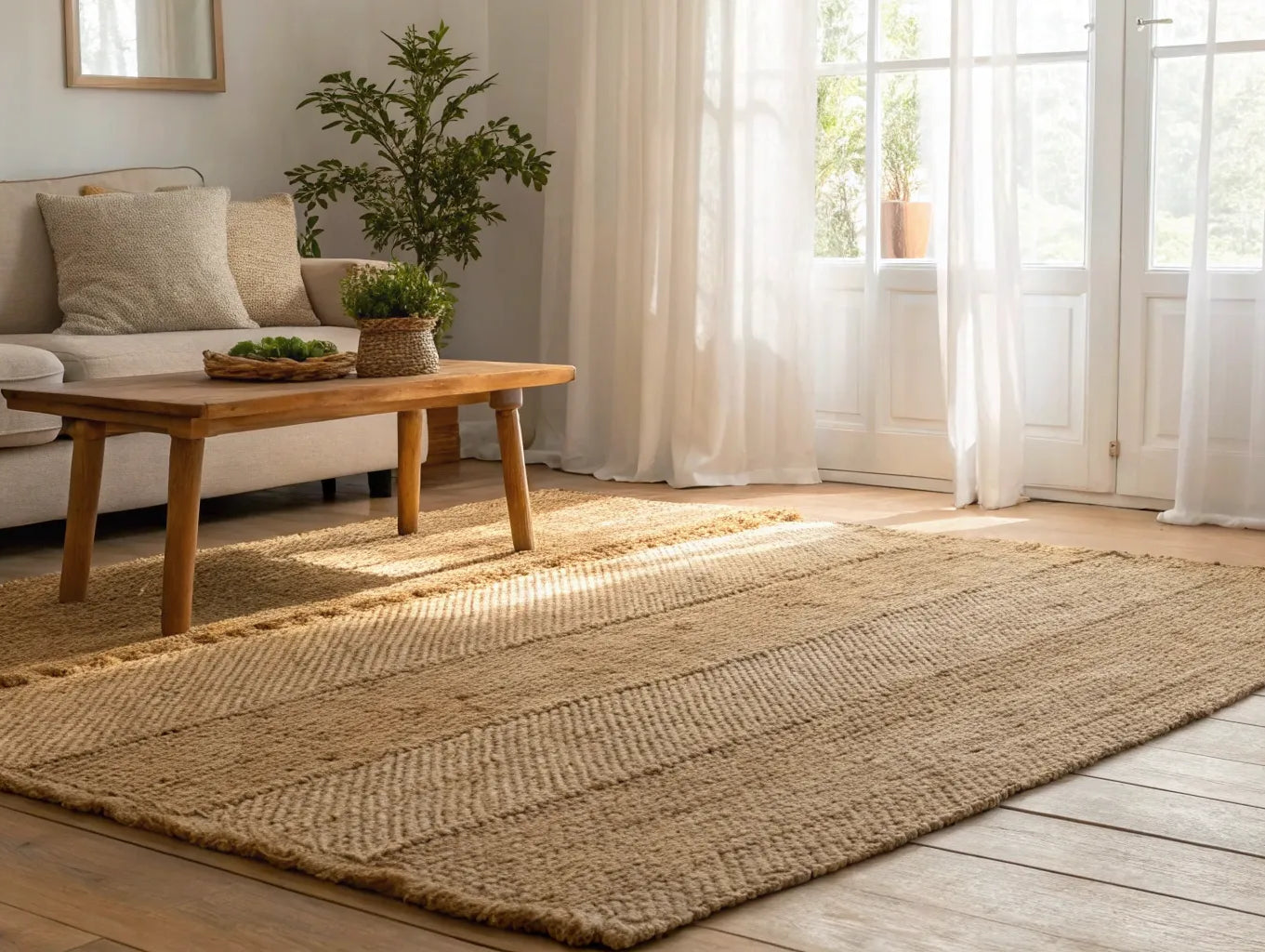A natural jute area rug adds texture to a bright and neutral living room.