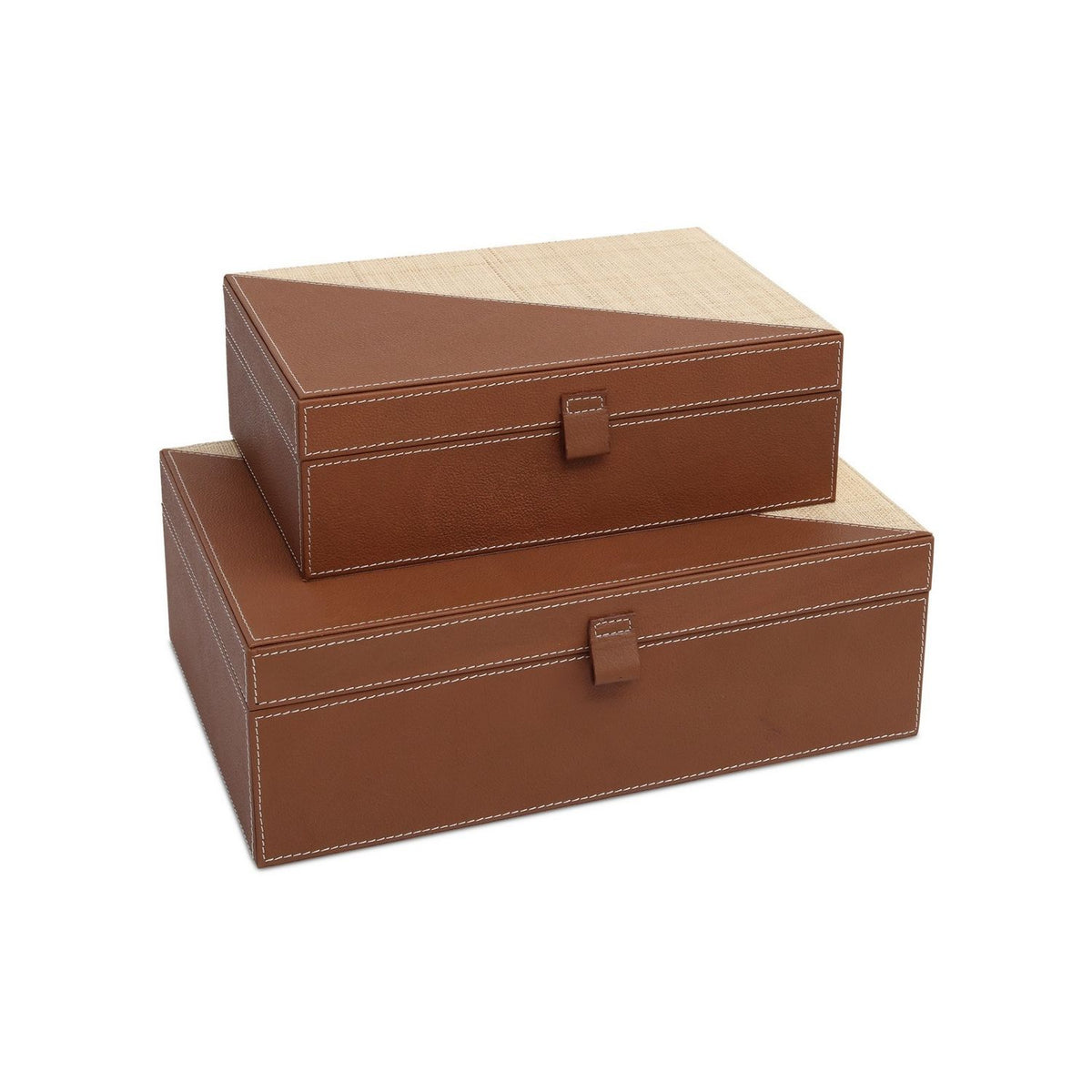Currey and Company 1200-1069 Leather & Raffia Box Set of 2 in Brown/Natural