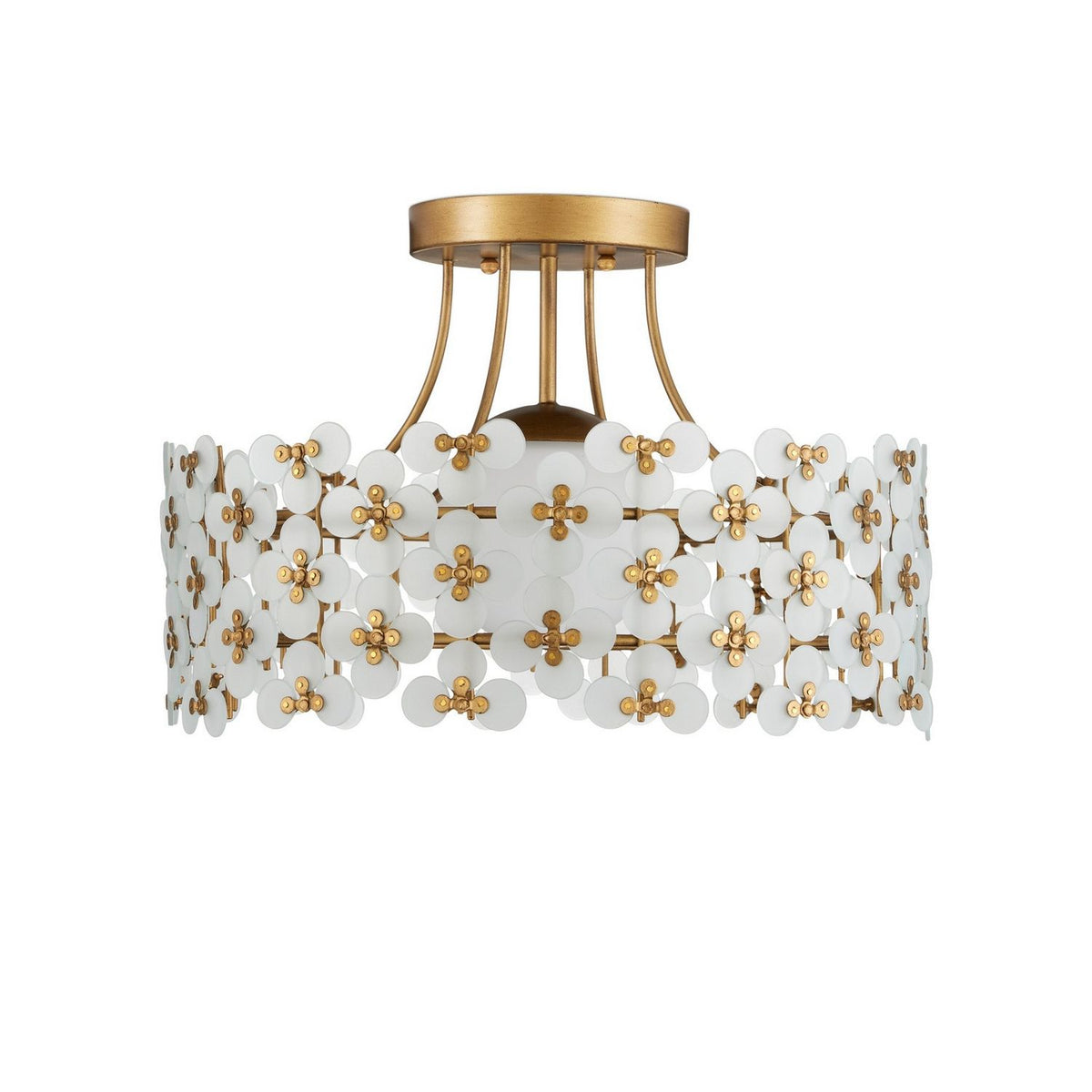 Currey and Company 9000-1345 Spring Flower Semi-Flush Mount in Frosted/Glossy White/Brass