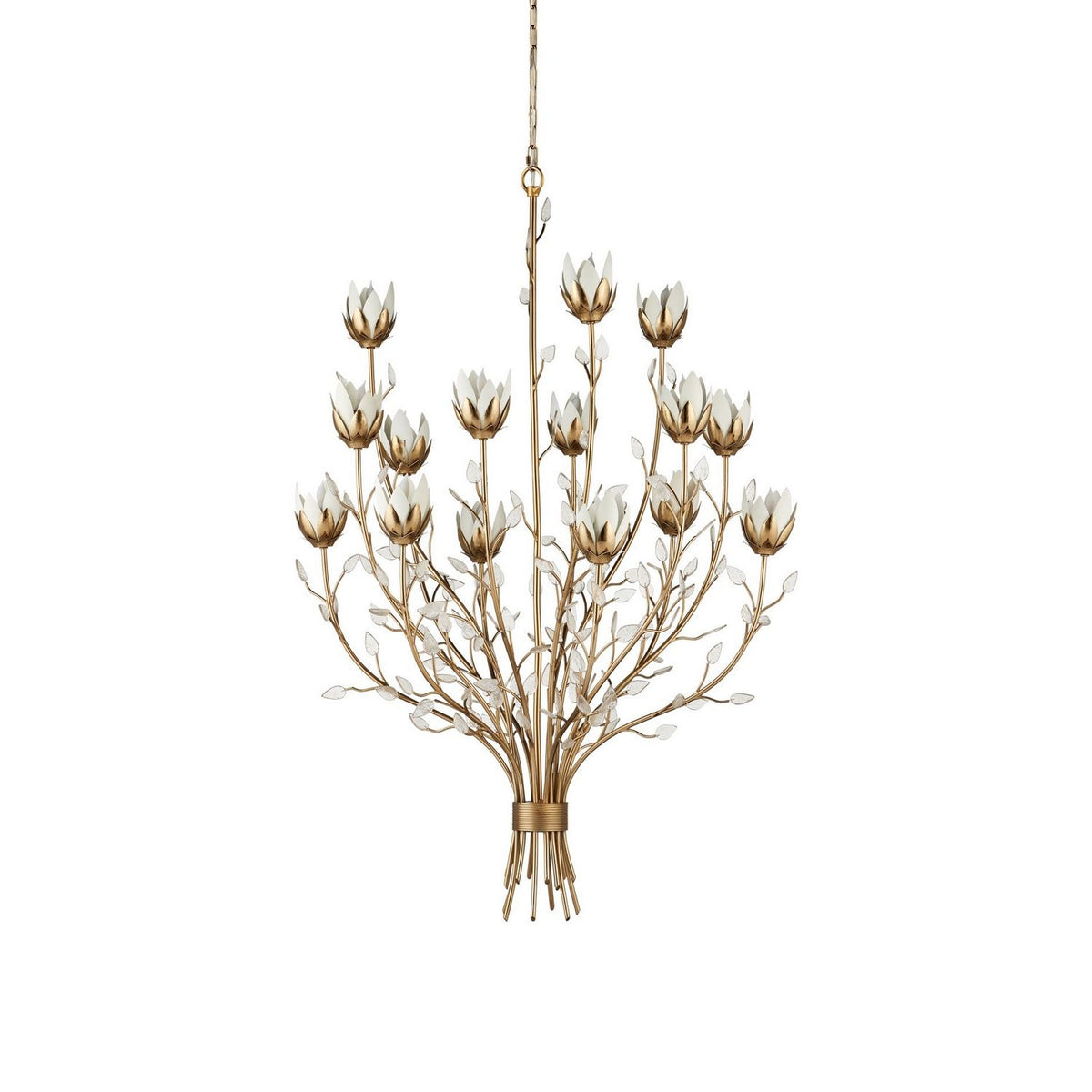 Currey and Company 9000-1358 Star Magnolia Chandelier in Antique Brass/White/Clear