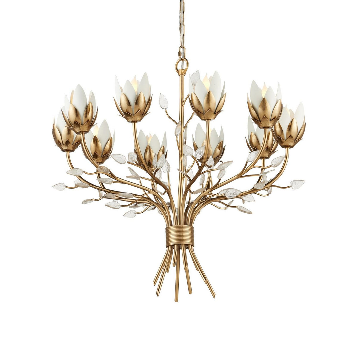 Currey and Company 9000-1359 Star Magnolia Chandelier in Antique Brass/White/Clear