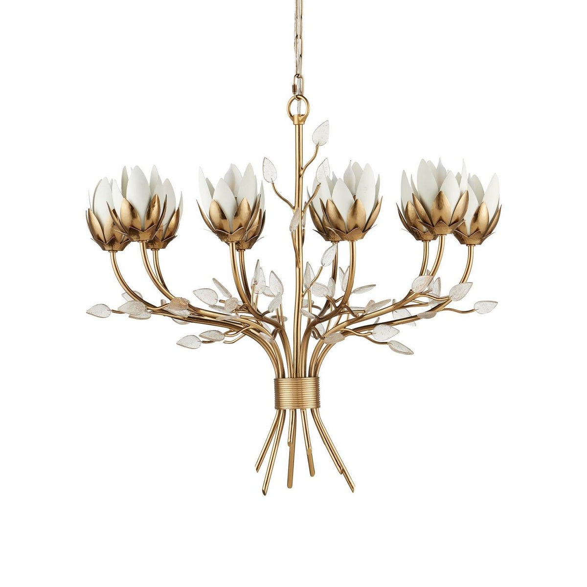 Currey and Company 9000-1359 Star Magnolia Chandelier in Antique Brass/White/Clear