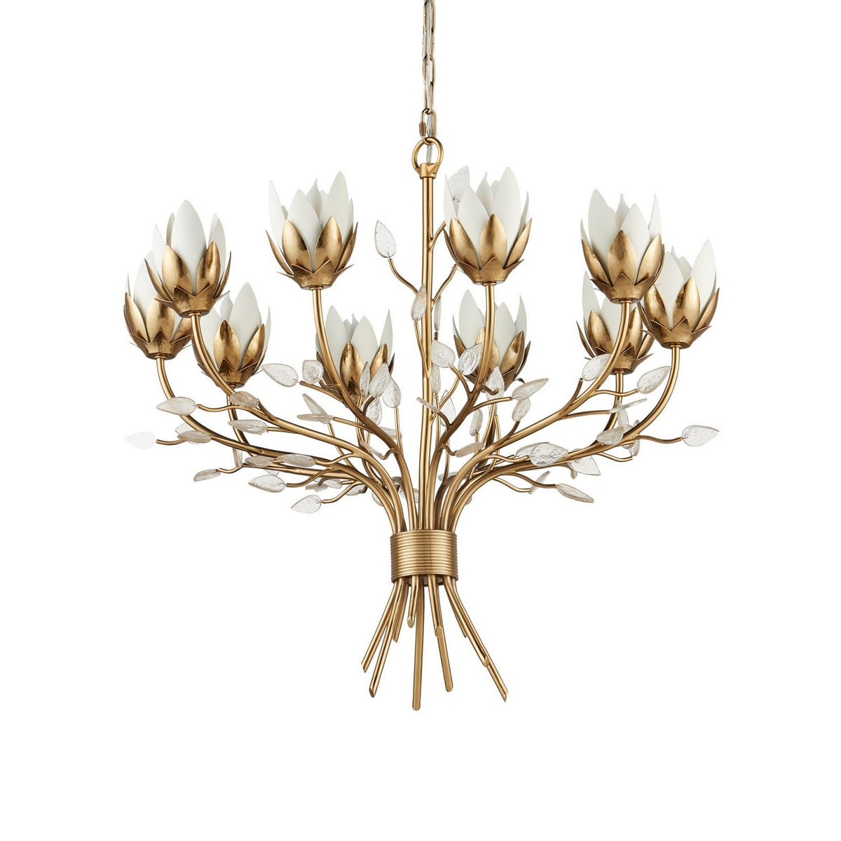 Currey and Company 9000-1359 Star Magnolia Chandelier in Antique Brass/White/Clear