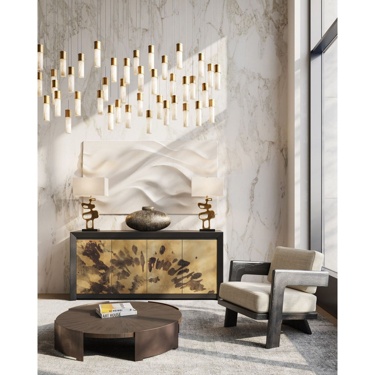 Currey and Company 9000-1384 Cannula Linear Multi-Drop Pendant in Vintage Brass/White/Silver