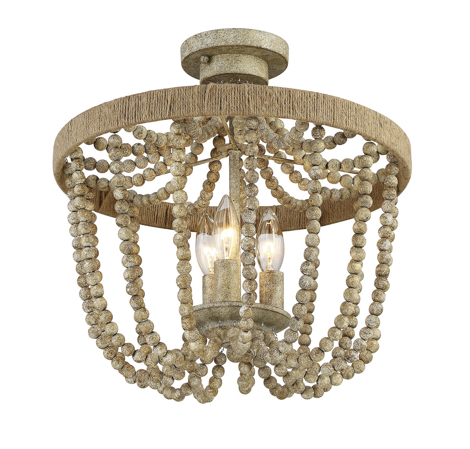 Meridian M60002-97 Three Light Semi-Flush Mount in Natural Wood with Rope