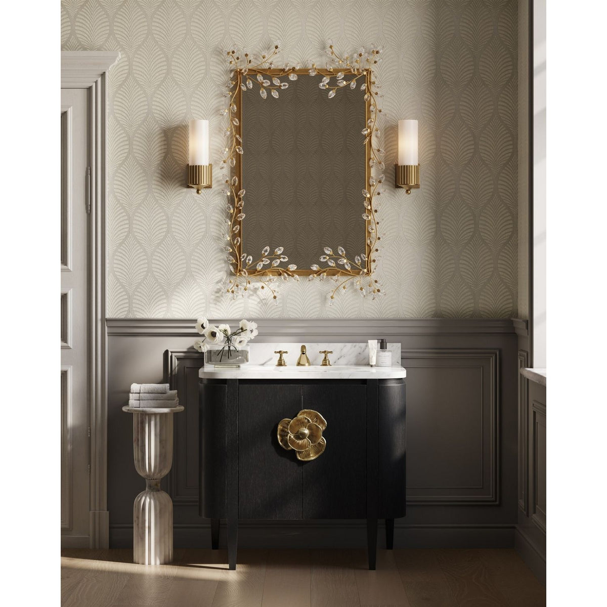 Currey and Company 3800-0017 Briallen 36" Vanity with Oval Undermount Sink in Caviar Black/Natural/White/Light Antique Brass