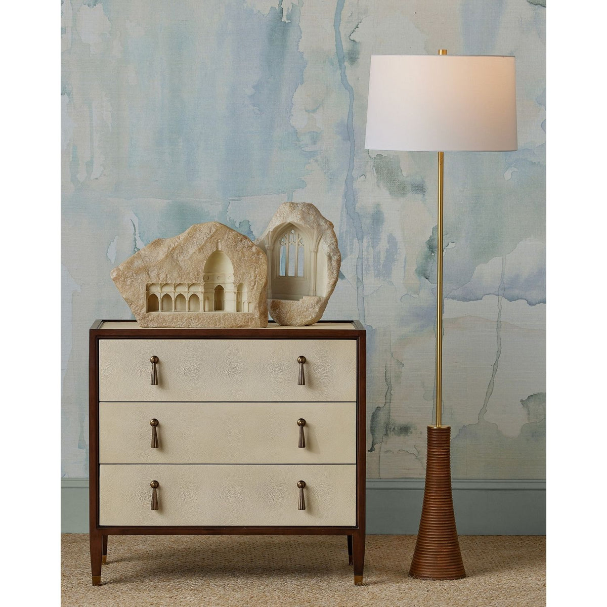 Currey and Company 8000-0175 Lathe Floor Lamp in Natural/Brushed Brass