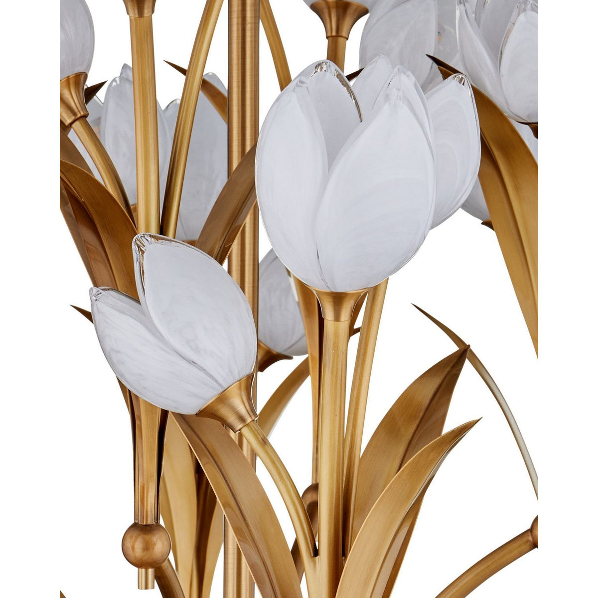 Currey and Company 9000-1475 Glazen Tulpen Chandelier in Polished Antique Brass/White