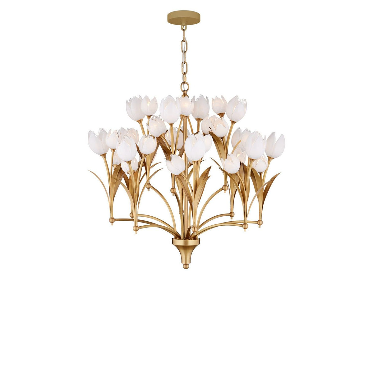 Currey and Company 9000-1475 Glazen Tulpen Chandelier in Polished Antique Brass/White
