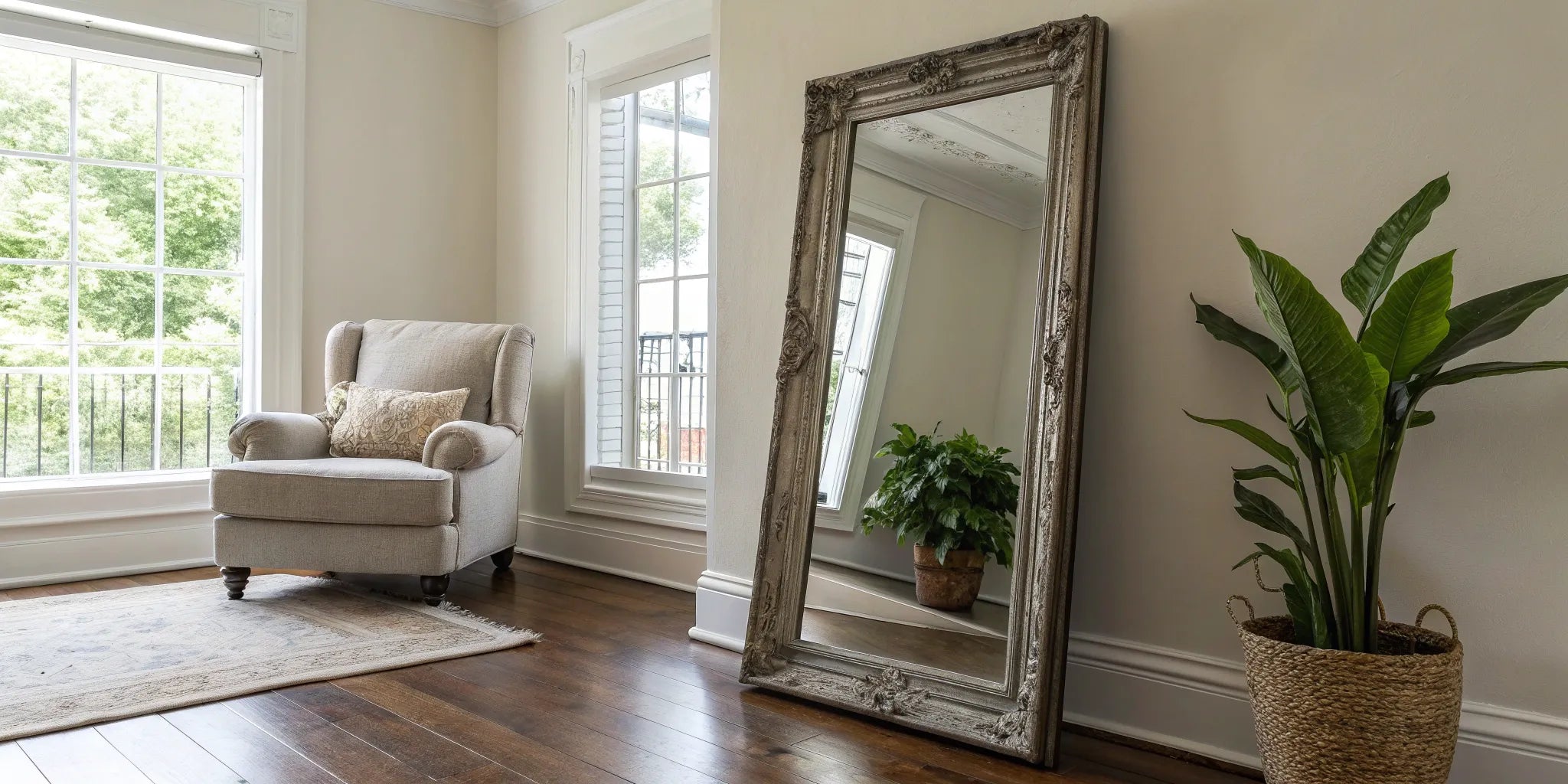 An ornate, decorative full length wall mirror styled in a bright room next to an armchair.