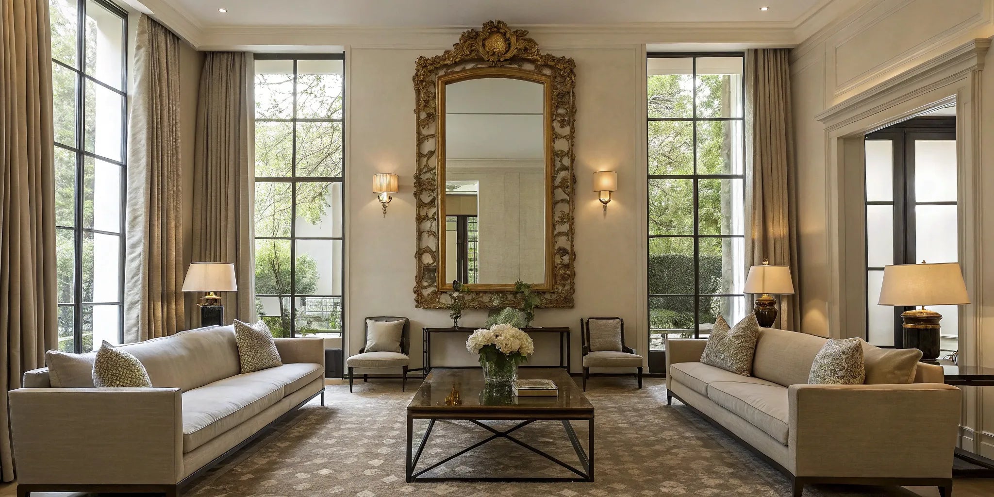 A large, ornate gold wall mirror acting as a focal point in a bright living room.