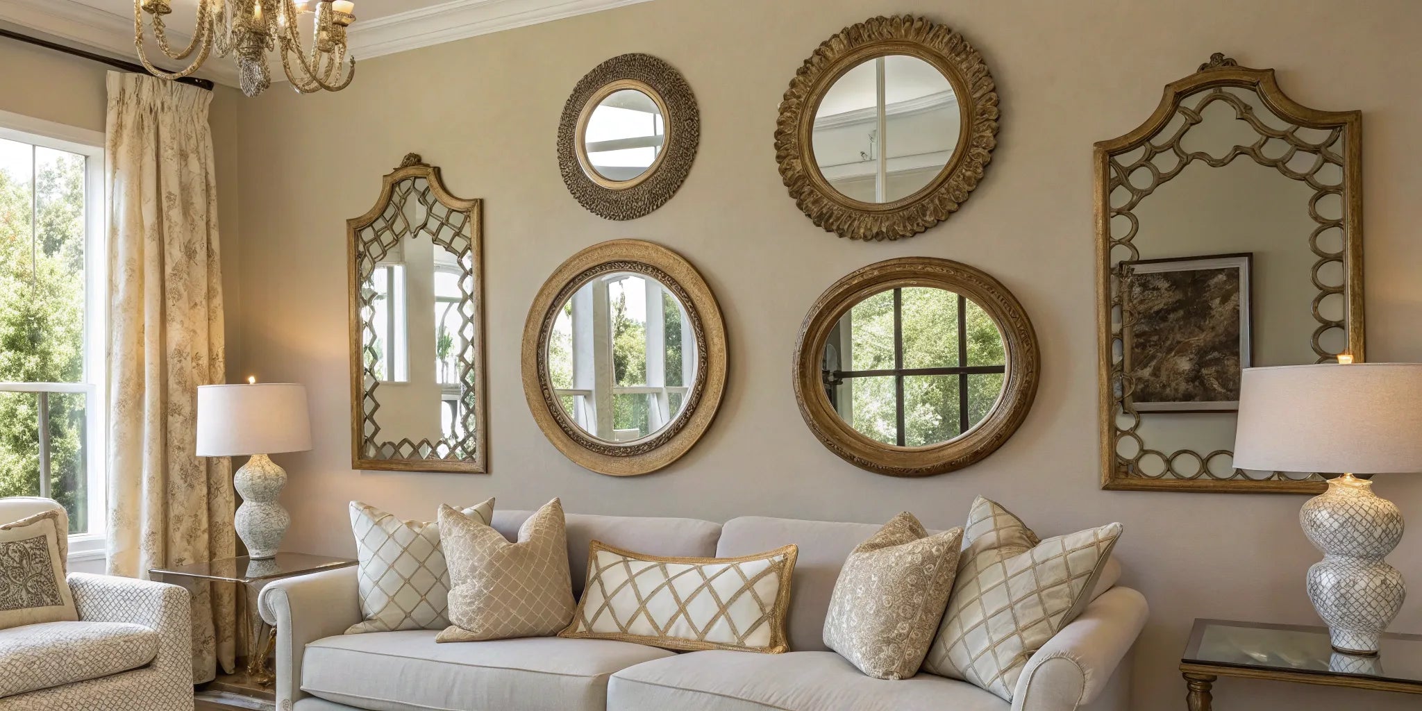 Stylish gold-framed mirrors as wall decor above a neutral sofa in a living room.