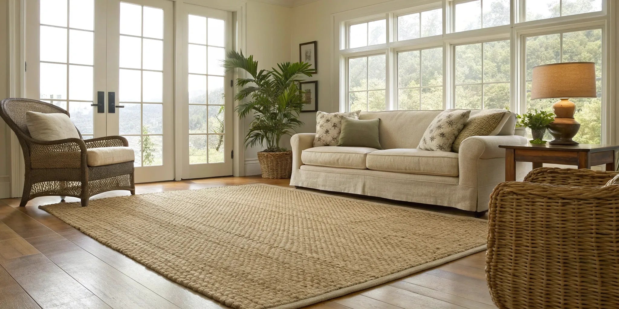 Woven sisal area rug in a bright living room.