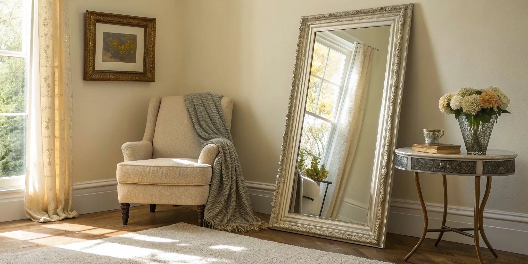 An ornate extra large floor mirror leaning against the wall in a bright, elegant living room.
