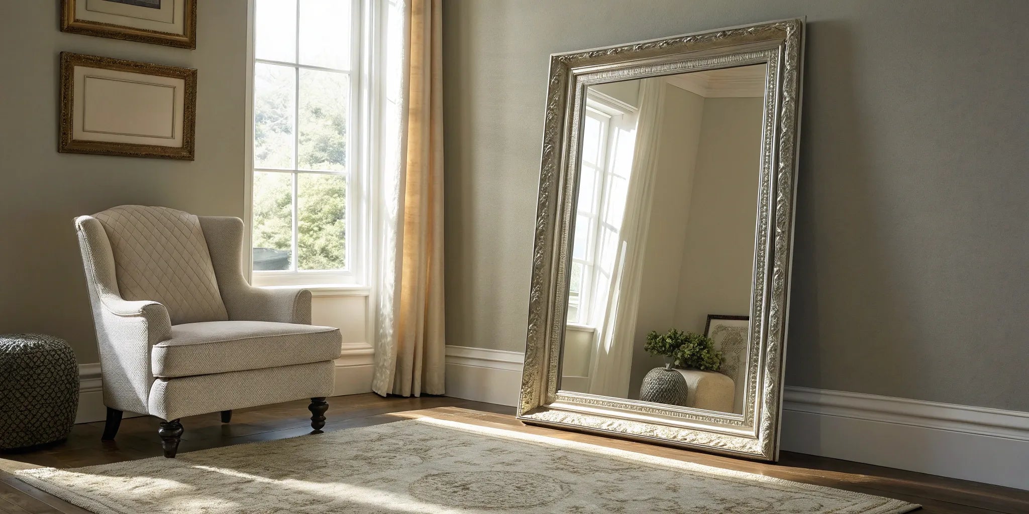 Stylish floor mirror leaning against living room wall.