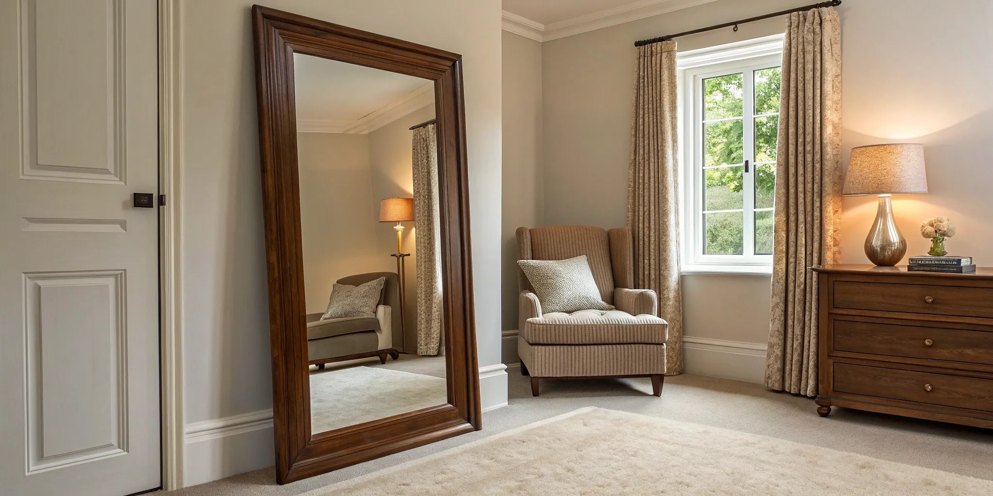 Full-length bedroom mirror with wooden frame.