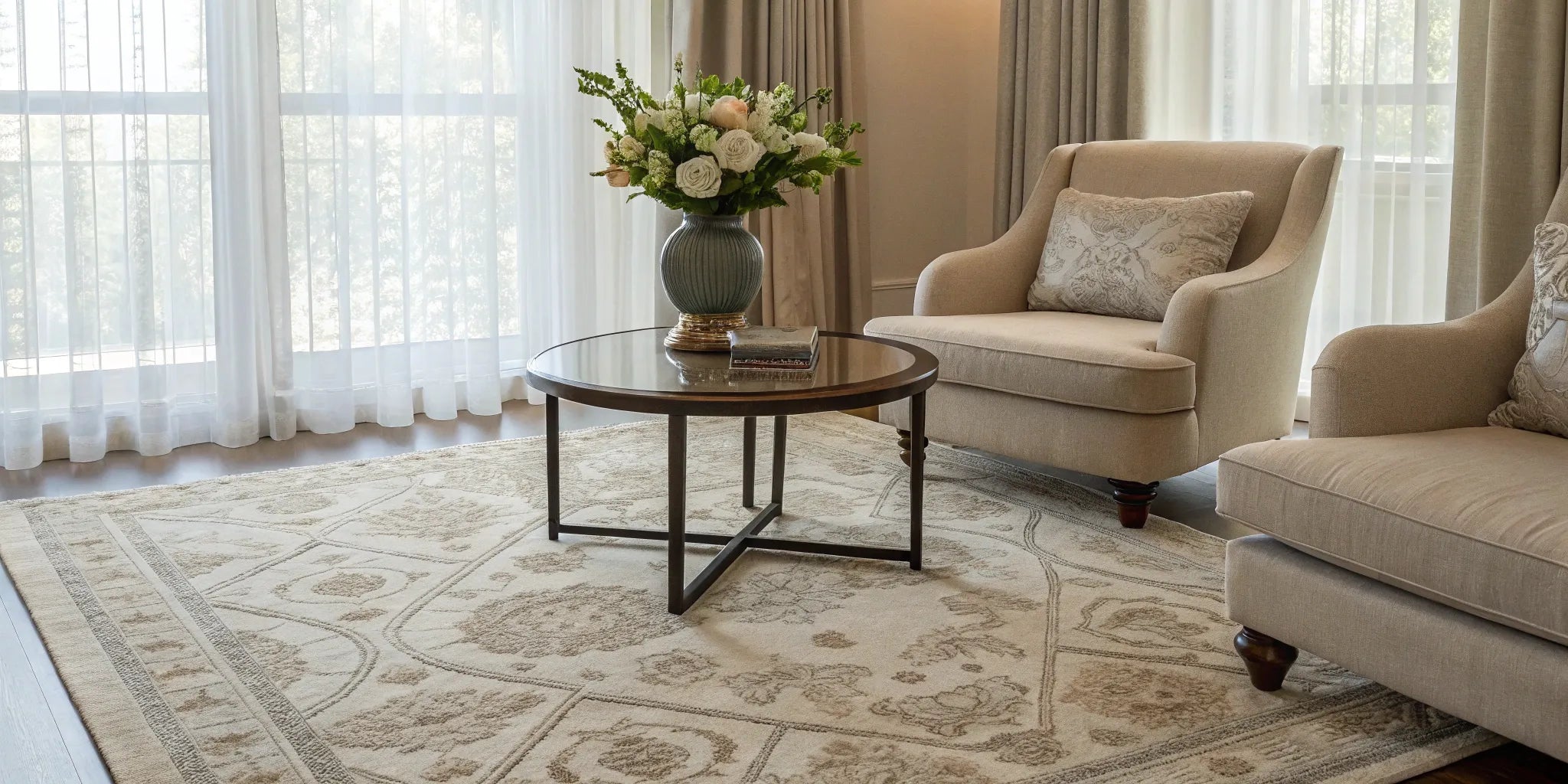 Beige area rug in a neutral living room.
