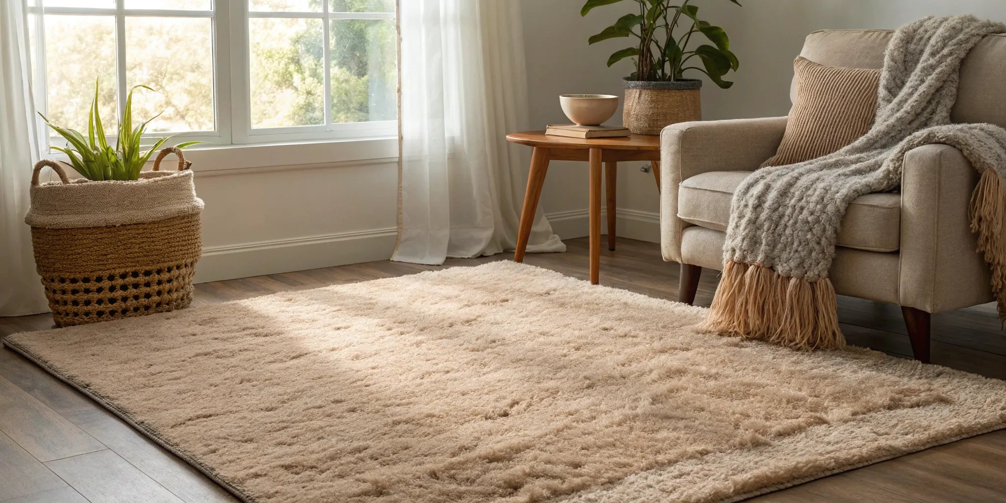 A modern living room with a durable and easy-to-clean beige low pile rug.