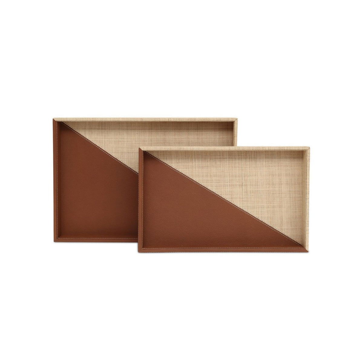 Currey and Company 1200-1070 Leather & Raffia Tray Set of 2 in Brown/Natural