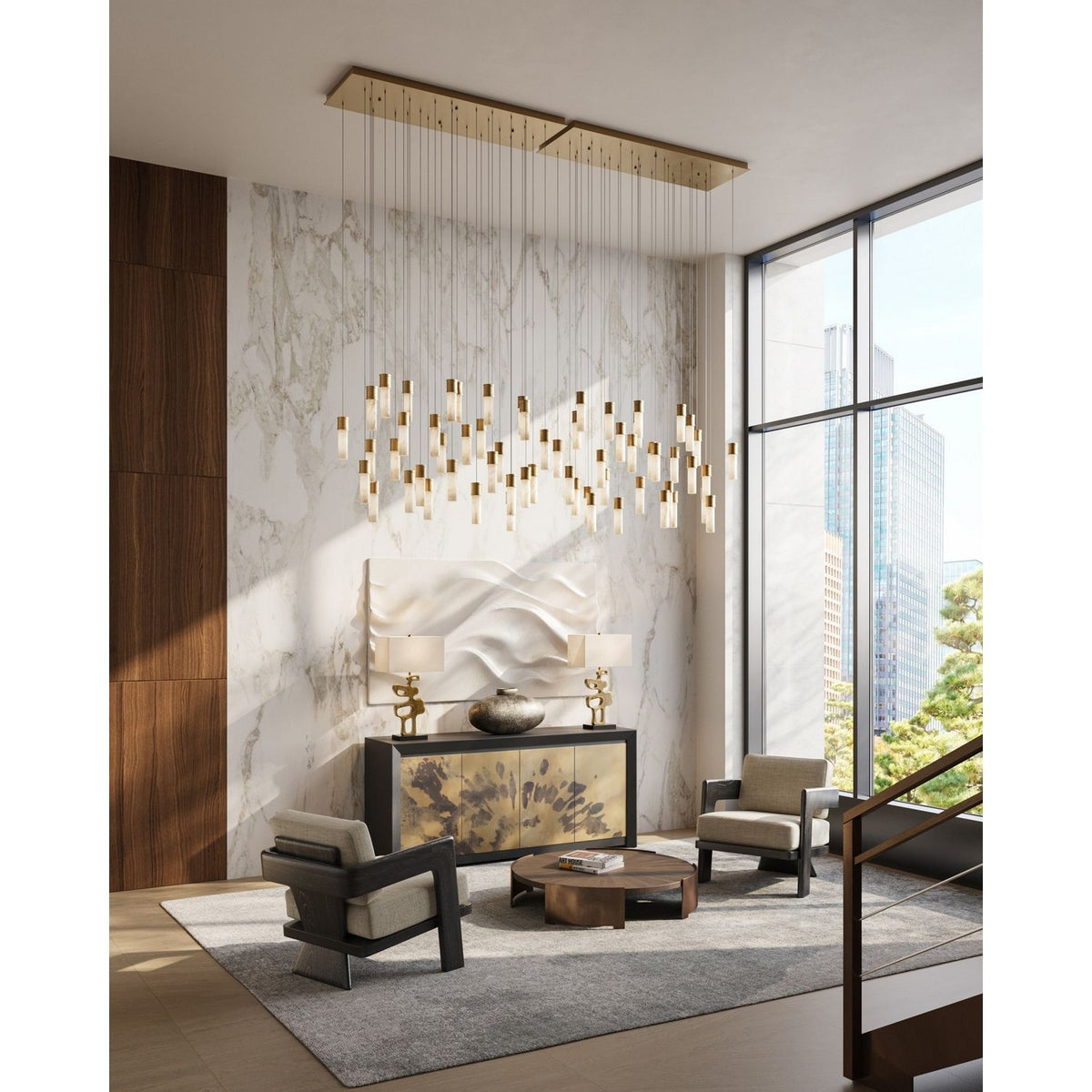 Currey and Company 9000-1384 Cannula Linear Multi-Drop Pendant in Vintage Brass/White/Silver