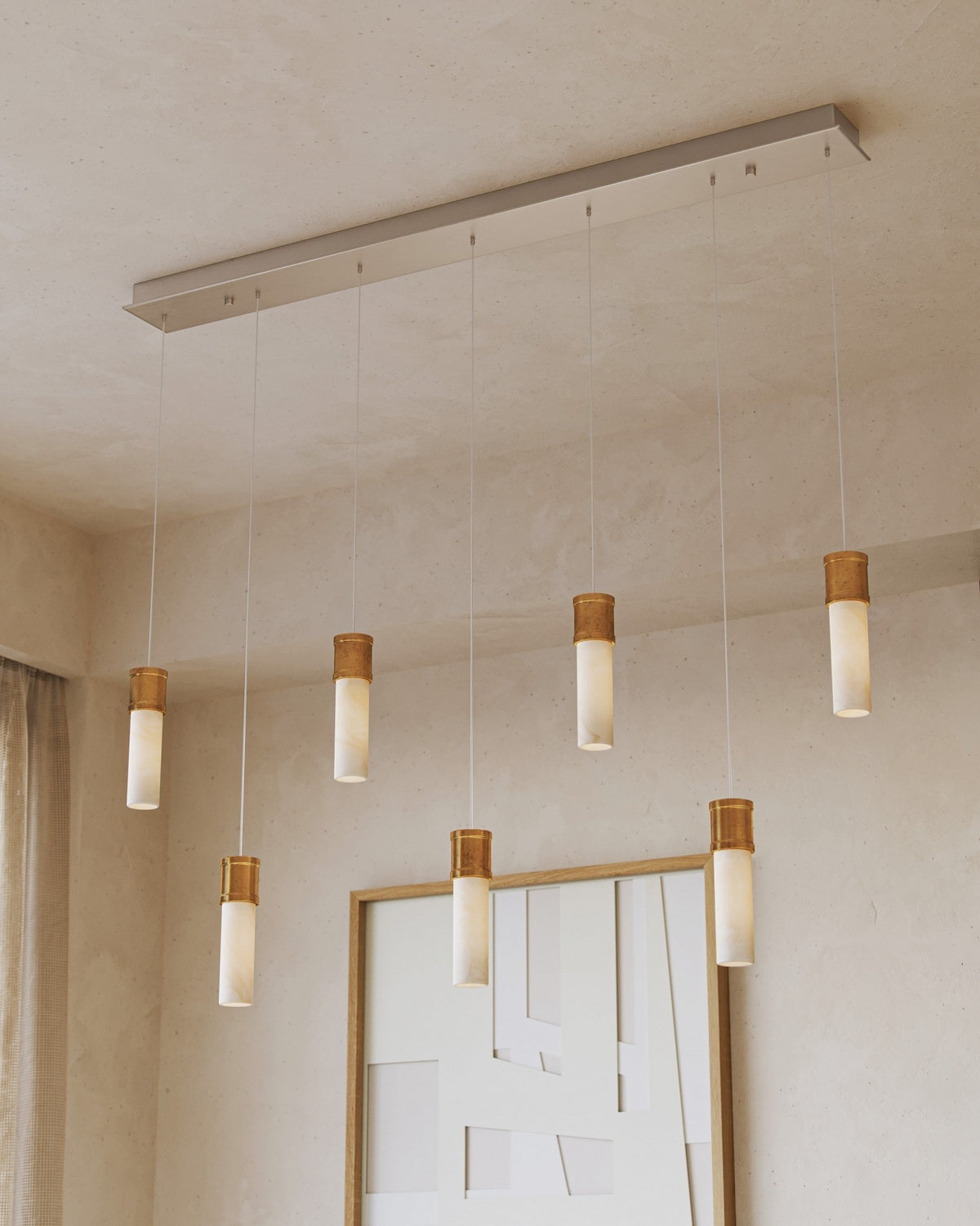 Currey and Company 9000-1386 Cannula Linear Multi-Drop Pendant in Vintage Brass/White/Silver