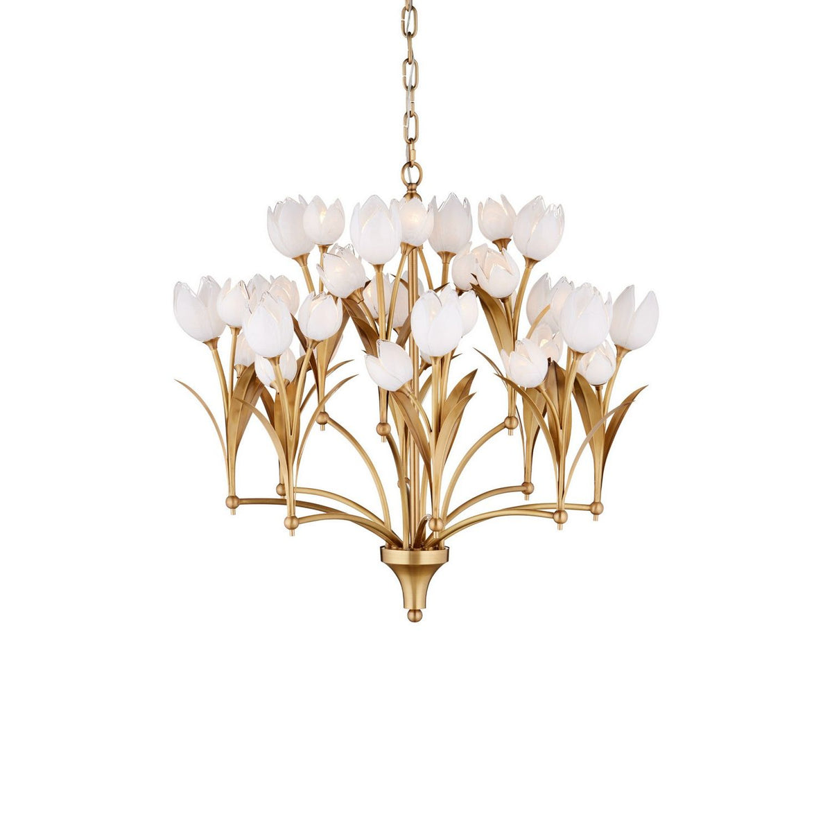 Currey and Company 9000-1475 Glazen Tulpen Chandelier in Polished Antique Brass/White