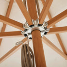 Timber-look umbrella with scratch-resistant Interpon finish and marine-grade stainless steel fixtures for durability and style.