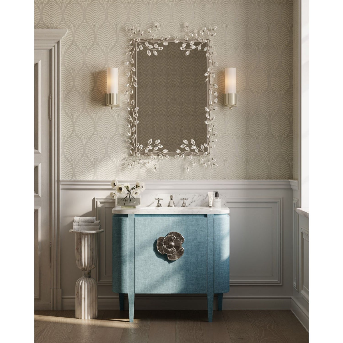 Currey and Company 3800-0015 Briallen 36" Vanity with Oval Undermount Sink in Laquered Blue Linen/Natural/White/Polished Nickel