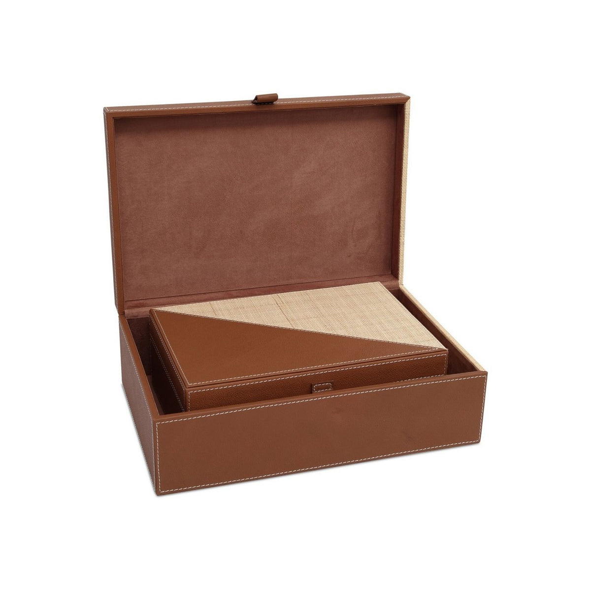 Currey and Company 1200-1069 Leather & Raffia Box Set of 2 in Brown/Natural