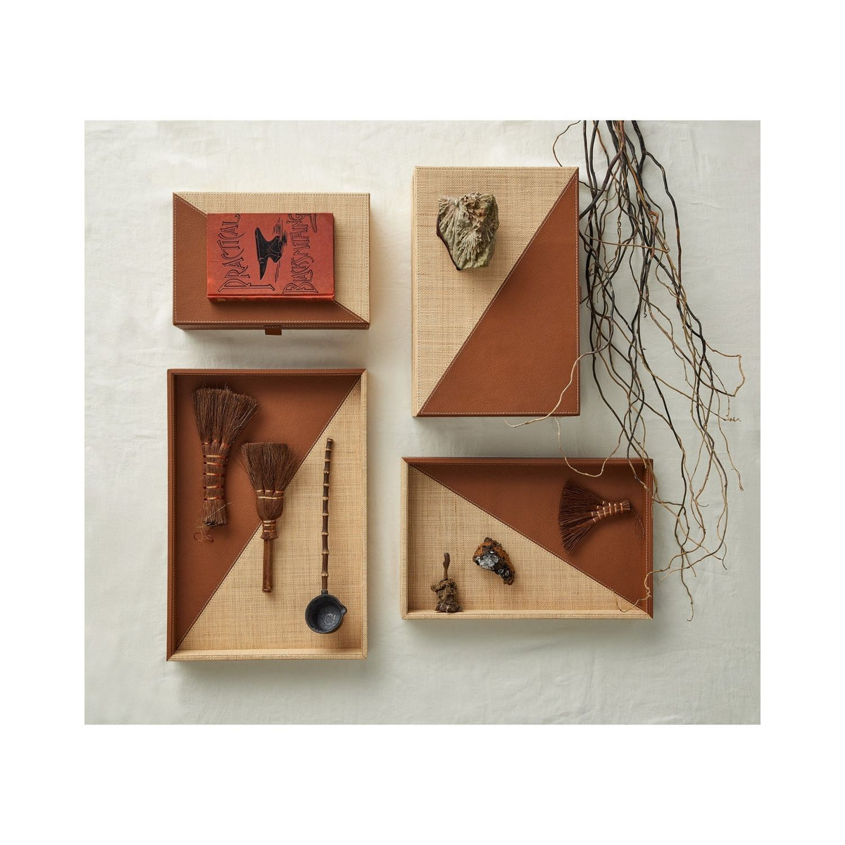 Currey and Company 1200-1069 Leather & Raffia Box Set of 2 in Brown/Natural