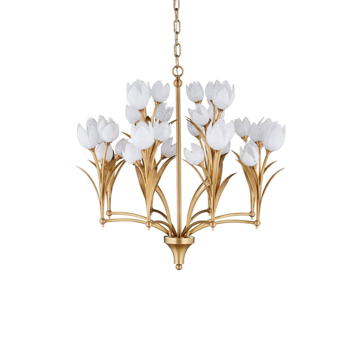 Currey and Company 9000-1475 Glazen Tulpen Chandelier in Polished Antique Brass/White