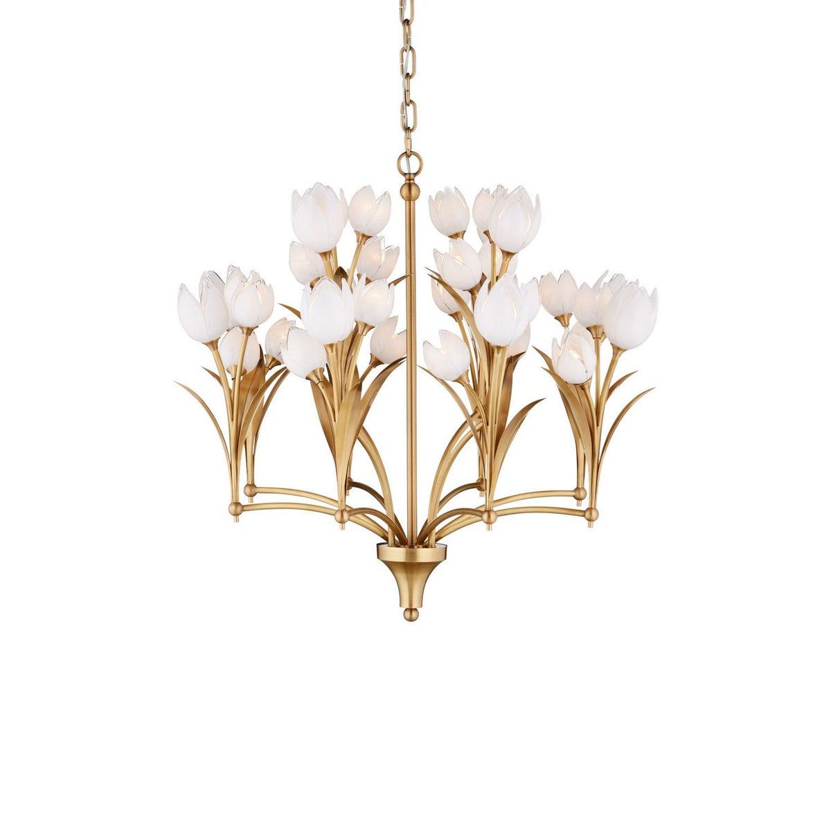 Currey and Company 9000-1475 Glazen Tulpen Chandelier in Polished Antique Brass/White
